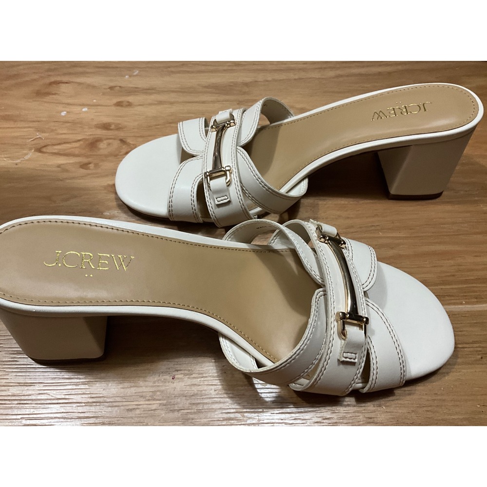 J.Crew Womens White Block Heel Slide Sandals Gold Horsebit Mules CR279 Size 8.5